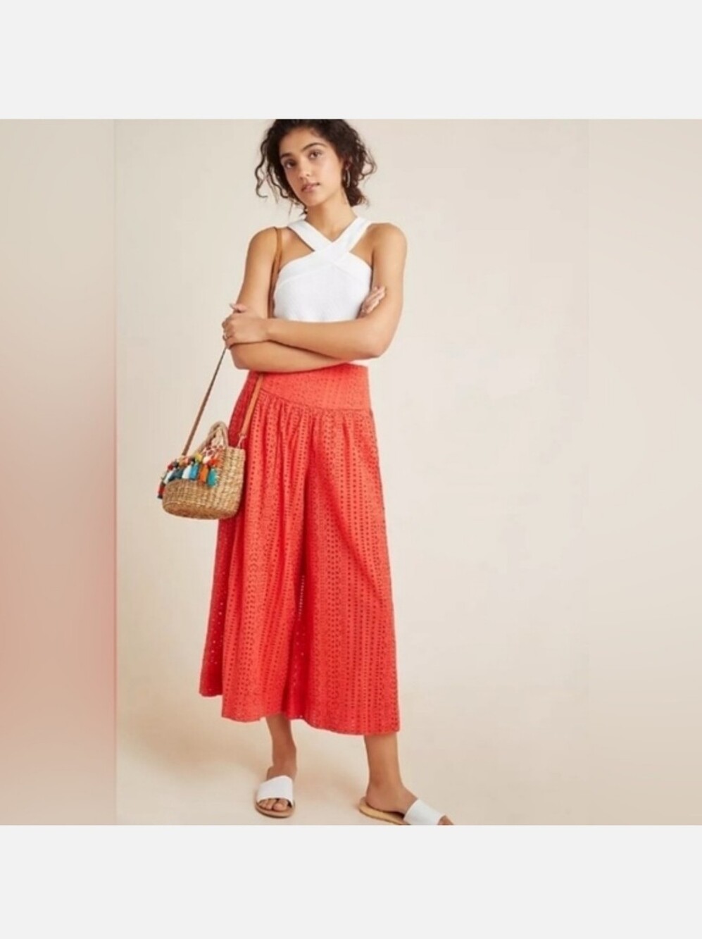 Anthropologie Eyelet Wideleg Pants In Coral Red Size 2
